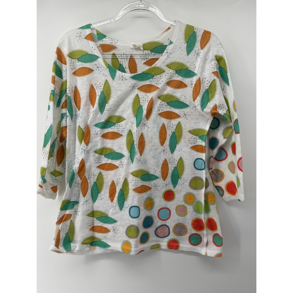 Et'Lois Womens M Top MCM Atomic Geometric Leaf Print 3/4 Sleeve White USA Made